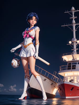A woman, wearing white Sailor Moon costume with blue + wick suit, ((gigantic breasts)), blue hair, very short hair, straight hair, hair with bangs in front of the eyes, ((helmet on the head)), looking at the viewer, (((pose with interaction and leaning on [something|an object]))), on a yacht with structures, furniture, machinery, sea breeze, is at night,  raining very hard, ((full body):1.5), 16k, UHD, best possible quality, ultra detailed, best possible resolution, Unreal Engine 5, professional photography, ((well-detailed fingers, well-detailed hand, perfect hands, perfect):0.8), ((Sailor Moon)) + ((neon genesis evangelion))