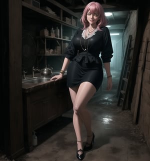 A dark, realistic Gothic masterpiece rendered in ultra-detailed 8K. | Mayumi, a 35-year-old woman, is working in a filthy, dark, and macabre basement. She wears a simple maid uniform, consisting of a white blouse and black skirt, accompanied by discreet accessories such as a pearl necklace and silver bracelet. Her short, messy pink hair gives her an air of carelessness and courage. Her yellow eyes are full of determination and courage, ((smiling)) and showing her white, well-aligned teeth, with a vivid red lipstick highlighting her lips. | The image highlights Mayumi's figure amidst the dirty and smelly environment of the basement, with rats and insects moving through the shadows. The atmosphere is tense and scary, with dark shadows moving along the walls. The basement structures are simple, with wooden shelves full of boxes and old objects, and a metal table with antique tools. There is also a water sink with a faucet and a wooden staircase that leads to the upper floor. Mayumi's bracelet and necklace faintly glow in the darkness. | The soft and dark lighting effects create a tense and scary atmosphere, while rough and detailed textures on the structures and Mayumi's clothes add realism to the image. | A terrifying scene of Mayumi, a courageous woman, working in a filthy and macabre basement. | (((((The image reveals a full-body shot as she assumes a sensual pose, engagingly leaning against a structure within the scene in an exciting manner. She takes on a sensual pose as she interacts, boldly leaning on a structure, leaning back in an exciting way.))))). | ((full-body shot)), ((perfect pose)), ((perfect fingers, better hands, perfect hands)), ((perfect legs, perfect feet)), ((huge breasts)), ((perfect design)), ((perfect composition)), ((very detailed scene, very detailed background, perfect layout, correct imperfections)), More Detail, Enhance