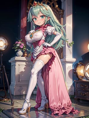 A woman, black and white maid costume, very short white skirt with embroidery, ((gigantic breasts)), blue hair, wavy hair, hair with bangs in front of the eyes, looking at the viewer, ((pose with interaction and leaning on [something|an object])), in a castle, with structures, furniture, background, statues, ((full body):1.5), 16k, UHD, best possible quality,  ultra detailed, best possible resolution, Unreal Engine 5, professional photography, well-detailed fingers, well-detailed hand, perfect_hands, perfect