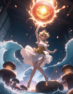 Masterpiece in 4K, anime style fused with influences from Dragon Ball Z. | In an enchanted kingdom, Princess Peach, known for her elegance, transforms into a Super Saiyan. Her dress flutters with intense energy, golden hair radiates power, and blue eyes shine with determination. She floats in the air, surrounded by an aura of glowing energy as she releases powerful waves of ki. The Mushroom Kingdom setting is lit by sparks of energy, creating an epic scene of transformation. | Low angle composition, highlighting the majesty of the transformation. Light effects intensify the details of the scene, highlighting the vibrant colors of the transformation. | An empowered Princess Peach, becoming a Super Saiyan in an epic transformation scene. | She is adopting a ((dynamic pose as interactions, boldly leaning on a large structure in the scene, leaning back in a dynamic way, adding a unique touch to the scene):1.3), The camera angle is too close to her, ( (Full body image)), perfect hand, fingers, hand, perfect, better_hands, More Detail