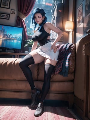 A woman, wearing black domestic sheath attire with white parts, short white skirt, long white socks, black shoes, tight and tight clothing, gigantic breasts, blue hair, hair with solo+short braid, mohawk hair, hair with bangs in front of the eyes, (looking at the viewer), (((sensual pose+Interacting+leaning on anything+object+leaning against))), in a modern apartment with furniture, computers, plasma tv, bed, window, lights on the walls, sofa bed, 16K, UHD, (full body:1.5), unreal engine 5, quality max, max resolution, ultra-realistic, ultra-detailed, maximum sharpness, ((perfect_hands)), better_hands, cyberpunk