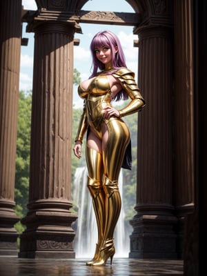 Woman, wearing the golden armor of the Sign of Libra with several gold weapons attached to the armor, extremely tight and tight on the body, straight purple hair, hair with bangs in front of the eye, ((gigantic breasts)), ((pose, leaning against a structure)), staring at the viewer, in the temple of the knight of Sagittarius of ancient Greece, marble pillars, large altars with armor, near a waterfall, is by day, (((full body))), 16k, UHD, better quality, better resolution, better detail, light and shadow effects,
