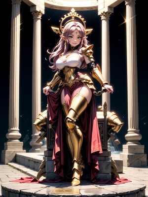 Princess Zelda, ((wearing the golden armor of the Sign of Libra with several gold weapons attached to the armor, extremely tight and tight on the body)), straight purple hair, hair with bangs in front of the eye, ((gigantic breasts)), ((leaning against a structure)), staring at the viewer, in the temple of the knight of Sagittarius of ancient Greece, marble pillars, large altars with armor, near a waterfall, is by day, (((full body))), 16k, UHD, better quality, better resolution, better detail, light and shadow effects,
