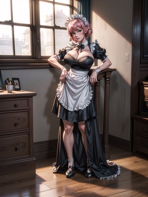 A woman, wearing ((black maid clothes with white parts, short white skirt with embroidery, monstrously large breasts)), very short hair, pink hair, messy hair, hair with bangs in front of eyes, magical aura around the body, (((looking at the viewer, sensual pose with interaction and leaning on anything+object+on something+leaning against+leaning against))) in a large apartment with lots of furniture, double bed, desk with TV and computer, (((looking at window, ((full body):1.5); 16K, UHD, unreal engine 5, quality max, max resolution, ultra-realistic, ultra-detailed, maximum sharpness, ((perfect_hands):1), Goodhands-beta2, ((maid))