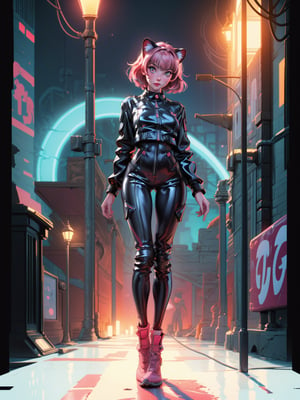 ((woman – leopard, cat ears, black spots on the skin)), ((wearing white latex erotic costume with golden bands, costume sticking to the body)), ((gigantic breasts)), ((very short pink hair, hair with bangs in front of the eyes)), ((staring at the viewer)), (((doing erotic pose supported on an object))), ((in a futuristic city, cars, motorcycles, lampposts, is daytime,  futuristic environment in the background)), ((((full body)))), 16k, UHD, ((better quality, better resolution, better detail))
