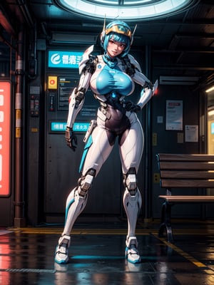 A fairy woman, wearing ((white mecha costume with parts in blue, gigantic breasts, cybernetic helmet)), very short hair, blue hair, messy hair, hair with bangs in front of eyes, magical aura around the body, (((looking at the viewer, sensual pose with interaction and leaning on anything+object+on something+leaning against+leaning against))) in a Japanese bus station at night with heavy rain, many structures, benches, people waiting for the bus, ((full body):1.5); 16K, UHD, unreal engine 5, quality max, max resolution, ultra-realistic, ultra-detailed, maximum sharpness, ((perfect_hands): 1), Goodhands-beta2, ((technological))