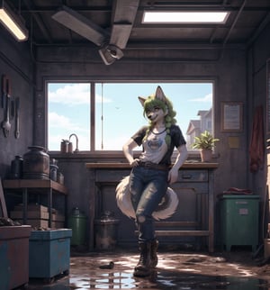 ((Clear 4K image with realistic dirty and worn style, rendered in ultra-high resolution with graphic details.):1.3). | At the vintage car body shop, a young 21-year-old werewolf is working tirelessly. She wears a white t-shirt, blue denim overalls with straps hanging from one of them, and a black leather belt with a gold buckle at her waist. His black leather boots are dirty with grease, as is the rest of his clothes, which are aged and tight to his body. Her long, straight green hair cascades over her shoulders, with large bangs in front of her eyes. She has two long pigtails held together with metal clips. Her yellow eyes look at the viewer with a mysterious look, while she (((smiles))), showing her teeth, with her mouth open, her tongue out and drool running down. Her face is covered in grease, as is the rest of the room. | The scene takes place in the old car body shop, a filthy and dirty place, full of stacked tires, mud and dirt. There is a bench with tools scattered around, old car engines and an old, rusty car in the process of being repaired. The smell of oil and gasoline permeates the air as the wolf woman works tirelessly. | Composition at an angle to the general plane, emphasizing the figure of the wolf woman and the elements of the bodywork. The metal structures, tires, mud and dirt, together with the wolf woman, the workbench, the tools and the old car, create a filthy and worn-out environment. The body shop's artificial lighting creates dramatic shadows and highlights the details of the scene. | Soft, shadowy lighting effects create a tense and challenging atmosphere, while rough, detailed textures on skin, clothing, tires and structures add realism to the image. | A challenging and realistic scene of a young wolf woman working tirelessly in the vintage car body shop, overcoming obstacles with determination and mechanical skill. | (((((The image reveals a full-body_image as she assumes a dynamic_pose, engagingly leaning against a structure within the scene in an exciting manner. She takes on a dynamic_pose as she interacts, boldly leaning on a structure, leaning back in an exciting way.))))). | ((perfect anatomy, perfect body)), ((perfect_pose):1.5), ((more_than_a_dynamic_pose, dynamic_pose):1.3), ((full-body_image)), ((perfect fingers, better hands, perfect hands, perfect legs, perfect feet)), ((perfect design)), ((correct errors):1.2), ((perfect composition)), ((very detailed scene, very detailed background, correct imperfections, perfect layout):1.2), (( More Detail, Enhance))