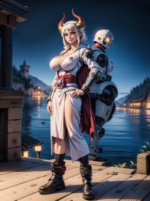 A woman, wearing ((white robe+White mecha costume with parts in blue, gigantic breasts, horns)), very short hair, white hair, hair with green strands, messy hair, hair with bangs in front of eyes, magical aura around the body, (((looking at the viewer, sensual pose with interaction and leaning on anything+object+on something+leaning against+leaning against))) in an ancient temple at night in the mountains, with many structures, waterfall, altars, pedestals, ((full body):1.5); 16K, UHD, unreal engine 5, quality max, max resolution, ultra-realistic, ultra-detailed, maximum sharpness, ((perfect_hands):1), Goodhands-beta2, ((Assassin's creed))+((super metroid)), YamatoV2