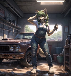 ((Clear 4K image with realistic dirty and worn style, rendered in ultra-high resolution with graphic details.):1.3). | At the vintage car body shop, a young 21-year-old werewolf is working tirelessly. She wears a white t-shirt, blue denim overalls with straps hanging from one of them, and a black leather belt with a gold buckle at her waist. His black leather boots are dirty with grease, as is the rest of his clothes, which are aged and tight to his body. Her long, straight green hair cascades over her shoulders, with large bangs in front of her eyes. She has two long pigtails held together with metal clips. Her yellow eyes look at the viewer with a mysterious look, while she (((smiles))), showing her teeth, with her mouth open, her tongue out and drool running down. Her face is covered in grease, as is the rest of the room. | The scene takes place in the old car body shop, a filthy and dirty place, full of stacked tires, mud and dirt. There is a bench with tools scattered around, old car engines and an old, rusty car in the process of being repaired. The smell of oil and gasoline permeates the air as the wolf woman works tirelessly. | Composition at an angle to the general plane, emphasizing the figure of the wolf woman and the elements of the bodywork. The metal structures, tires, mud and dirt, together with the wolf woman, the workbench, the tools and the old car, create a filthy and worn-out environment. The body shop's artificial lighting creates dramatic shadows and highlights the details of the scene. | Soft, shadowy lighting effects create a tense and challenging atmosphere, while rough, detailed textures on skin, clothing, tires and structures add realism to the image. | A challenging and realistic scene of a young wolf woman working tirelessly in the vintage car body shop, overcoming obstacles with determination and mechanical skill. | (((((The image reveals a full-body_image as she assumes a dynamic_pose, engagingly leaning against a structure within the scene in an exciting manner. She takes on a dynamic_pose as she interacts, boldly leaning on a structure, leaning back in an exciting way.))))). | ((perfect anatomy, perfect body)), ((perfect_pose):1.5), ((more_than_a_dynamic_pose, dynamic_pose):1.3), ((full-body_image)), ((perfect fingers, better hands, perfect hands, perfect legs, perfect feet)), ((perfect design)), ((correct errors):1.2), ((perfect composition)), ((very detailed scene, very detailed background, correct imperfections, perfect layout):1.2), (( More Detail, Enhance))