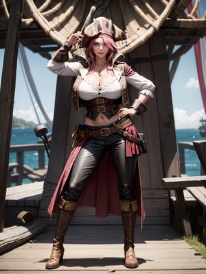 A pirate woman, wearing brown leather coat, white T-shirt, black pants, brown leather boots, steals very stylishly, ((gigantic breasts)), pink hair, messy hair, short hair, straight hair, hair with bangs in front of the eyes, ((pirate hat on the head)), ((pirate eye patch)), looking at the viewer, (((pose with interaction and leaning on [something|an object]))),  on a pirate ship with furniture, structures, many pirates, ((full body):1.5), 16k, UHD, best possible quality, ultra detailed, best possible resolution, Unreal Engine 5, professional photography, well-detailed fingers, well-detailed hand, perfect_hands, ((pirates)), ((pirates of the caribbean style))