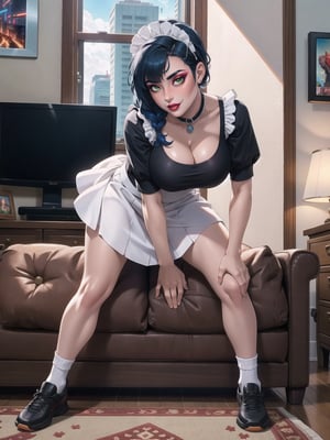 A woman, wearing black domestic sheath attire with white parts, short white skirt, long white socks, black shoes, tight and tight clothing, gigantic breasts, blue hair, hair with solo+short braid, mohawk hair, hair with bangs in front of the eyes, (looking at the viewer), (((sensual pose+Interacting+leaning on anything+object+leaning against))) in a modern apartment, with furniture, computers, plasma tv, bed, window, lights on the walls, sofa bed, 16K, UHD, (full body:1.5), unreal engine 5, cyberpunk, ((maid)), quality max, max resolution, ultra-realistic, ultra-detailed, maximum sharpness, ((ng_deeppositive_v1_75t)), ((perfect_hands)), better_hands