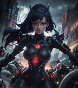 Impeccable quality in UHD resolution, capturing every detail of the scenery and characters. The style is a fusion of science fiction and action, inspired by works such as "Ghost in the Shell" and "Blade Runner," providing a futuristic and dark atmosphere. | Inside an alien temple during a rainy night, a robot woman, in a determined combat stance, faces the invading forces in defense of the human race. Her red eyes glow intensely, reflecting her determination, while her blue hair flows in the wind of the storm. | The composition of the scene highlights the grandeur of the alien temple, with its complex and technological architecture contrasting with the darkness of the night and the heavy rain. The camera captures the scene at a dynamic angle, enhancing the action and tension of the moment. | Visual effects add a layer of realism to the scene, with the heavy rain creating a dark and claustrophobic atmosphere, while lightning briefly illuminates the ongoing battle. The lighting of the alien holograms highlights the advanced technology of the temple. | A robot woman facing the invading forces in an alien temple during a rainy night, with red eyes and blue hair, in an epic battle for the survival of the human race.