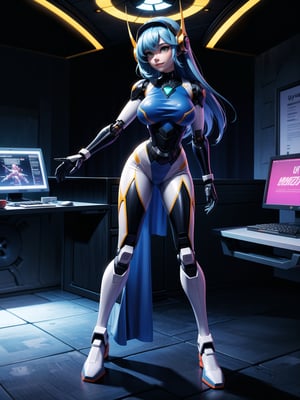 A woman, wearing white wick suit with parts in blue + robotic armor with lights, gigantic breasts, wearing helmet with transparent colored visor, blue hair, rebellious hair, messy hair, hair with bangs in front of the eye, looking at the viewer, (((sensual pose with interaction and leaning on anything+object+leaning against))), in a spaceship with many structures,  equipment, robots, computers, elevator, ((full body):1.5), 16K, UHD, unreal engine 5, quality max, max resolution, ultra-realistic, ultra-detailed, maximum sharpness, ((perfect_hands):1), Goodhands-beta2, super metroid, cyberware, cybernetic