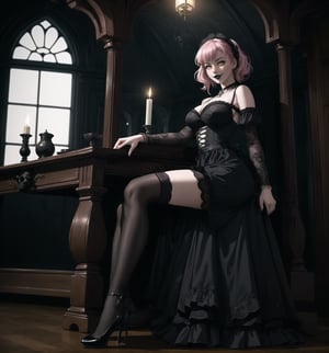 A gothic-lolita style masterpiece with realistic details, rendered in ultra-high resolution. | A young 22-year-old woman with pink hair and yellow eyes wears an elegant and provocative maid outfit. The black dress with white lace and the white apron with lace details highlight her sensual curves. She also wears black stockings and black low-heeled shoes, as well as accessories such as a pink heart pendant and a black leather bracelet. ((The young woman smiles at the viewer, showing her white teeth and wearing black lipstick)), creating a charming contrast to her sweet and innocent appearance. | The scene takes place in a macabre house, poorly lit by candles scattered throughout the room. The wooden structures, cobwebs hanging from the walls, and skulls and bones scattered across the floor create a spooky and mysterious atmosphere. The young woman stands out amidst this dark backdrop, adding a layer of beauty and fascination to the image. | Soft, moody lighting effects create a gothic mood, while detailed textures on clothing, accessories and set elements add realism to the masterpiece. | An intriguing and compelling scene of a young gothic-lolita woman in a macabre house, exploring themes of contrast, beauty and mystery. | (((((The image reveals a full-body shot as she assumes a sensual pose, engagingly leaning against a structure within the scene in an exciting manner. She takes on a sensual pose as she interacts, boldly leaning on a structure, leaning back in an exciting way.))))). | ((full-body shot)), ((perfect pose)), ((perfect fingers, better hands, perfect hands)), ((perfect legs, perfect feet)), ((huge breasts)), ((perfect design)), ((perfect composition)), ((very detailed scene, very detailed background, perfect layout, correct imperfections)), More Detail, Enhance