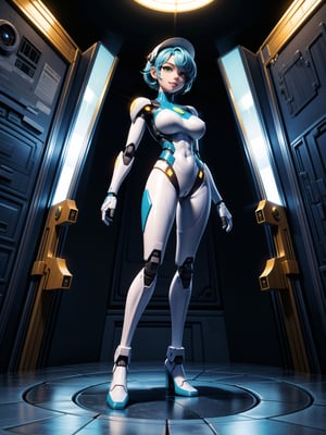 A woman, wearing white wick suit with parts in blue + robotic armor with lights, gigantic breasts, wearing helmet with transparent colored visor, blue hair, rebellious hair, messy hair, hair with bangs in front of the eye, looking at the viewer, (((sensual pose with interaction and leaning on anything+object+leaning against))), in a spaceship with many structures,  equipment, robots, computers, elevator, ((full body):1.5), 16K, UHD, unreal engine 5, quality max, max resolution, ultra-realistic, ultra-detailed, maximum sharpness, ((perfect_hands):1), Goodhands-beta2, [super metroid], cyberware, cybernetic