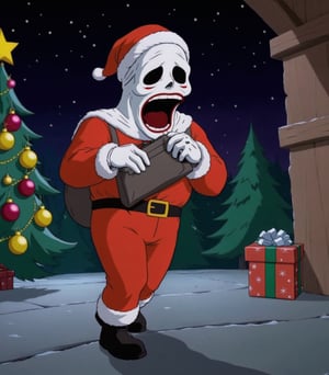Masterpiece in high-resolution HD, featuring a chibi and cartoon style, inspired by the vibrant aesthetic of The Simpsons. | Ghost Face, known for his frightening presence, surprises by donning a red Santa Claus costume. With his stylized chibi form, he strikes a mischievous pose, holding a bag of presents with a sly look. The smooth lines and vibrant colors highlight the contrast between the sinister nature of the character and the festive atmosphere. | The composition presents Ghost Face in the foreground, with a tilted angle to emphasize the mischievous expression. The background is filled with festive elements such as Christmas trees, gifts, and twinkling lights. | Cinematic lighting effects accentuate the shadows on Ghost Face's face, while contour lines add a cartoon touch to the scene. | Ghost Face in Santa chibi costume, surprising with a mischievous pose and a bag of presents. | {The camera is positioned very close to him, revealing his entire body as he adopts a dynamic pose, interacting with and leaning on a structure in the scene in an exciting way} | He is adopting a dynamic pose as he interacts, boldly leaning on a structure, leaning back in an exciting way, perfect_pose, full body, perfect_fingers, perfect_legs, perfect_hands, More Detail, ghostface mask