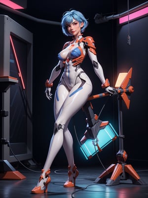 A woman, wearing white wick costume + blue parts, very tight costume on the body, ((gigantic breasts)), light blue hair, very short hair, straight hair, hair with bangs in front of the eyes, looking at the viewer, (((pose with interaction and leaning on [something|an object]))), inside a laboratory with computers, machinery, overview of a giant robot,  is daytime, ((full body):1.5), 16k, UHD, best possible quality, ultra detailed, best possible resolution, Unreal Engine 5, professional photography, (perfect:0.8), ((well-detailed fingers):0.8), ((well-detailed hand):0.8), ((perfect hands):0.8), ((neon genesis evangelion)) + ((mecha))