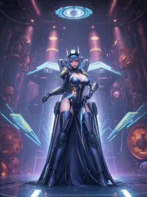 Ultra HD 16K resolution, blending Mega Man X and Super Metroid styles, offering maximum sharpness and exceptional quality. | On a futuristic aircraft, a stunning 30-year-old woman with short blue hair wears white robotic armor with blue and yellow details, standing out in the ultra-detailed scene. The cybernetic helmet frames her face, and she gazes directly at the viewer, intensifying the visual connection. | The composition, at a descending dynamic angle, highlights the woman's sensual pose as she interacts and leans on a large technological structure. Large machines, control panels, flying vehicles, and glass barrels containing luminous liquid create a futuristic environment. | Lighting effects enhance the sharpness of the armor, emphasizing the luminosity of the liquid in the barrels, creating an immersive sci-fi atmosphere. Large technological structures complete the scene, making it visually striking. | An impressive woman in a sensual pose on the futuristic aircraft, styled after Mega Man X and Super Metroid, interacting with the technological environment. | She: ((interacting and leaning on anything, very large structure+object, leaning against, sensual pose):1.3), ((Full body image)), perfect hand, fingers, hand, perfect, better_hands, More Detail.