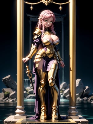 Princess Zelda, ((wearing the golden armor of the Sign of Libra with several gold weapons attached to the armor, extremely tight and tight on the body)), straight purple hair, hair with bangs in front of the eye, ((gigantic breasts)), pose, leaning against a structure, staring at the viewer, in the temple of the knight of Sagittarius of ancient Greece, marble pillars, large altars with armor, near a waterfall, is by day, (((full body))), 16k, UHD, better quality, better resolution, better detail, light and shadow effects,
