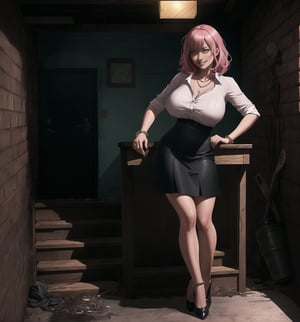 A dark, realistic Gothic masterpiece rendered in ultra-detailed 8K. | Mayumi, a 35-year-old woman, is working in a filthy, dark, and macabre basement. She wears a simple maid uniform, consisting of a white blouse and black skirt, accompanied by discreet accessories such as a pearl necklace and silver bracelet. Her short, messy pink hair gives her an air of carelessness and courage. Her yellow eyes are full of determination and courage, ((smiling)) and showing her white, well-aligned teeth, with a vivid red lipstick highlighting her lips. | The image highlights Mayumi's figure amidst the dirty and smelly environment of the basement, with rats and insects moving through the shadows. The atmosphere is tense and scary, with dark shadows moving along the walls. The basement structures are simple, with wooden shelves full of boxes and old objects, and a metal table with antique tools. There is also a water sink with a faucet and a wooden staircase that leads to the upper floor. Mayumi's bracelet and necklace faintly glow in the darkness. | The soft and dark lighting effects create a tense and scary atmosphere, while rough and detailed textures on the structures and Mayumi's clothes add realism to the image. | A terrifying scene of Mayumi, a courageous woman, working in a filthy and macabre basement. | (((((The image reveals a full-body shot as she assumes a sensual pose, engagingly leaning against a structure within the scene in an exciting manner. She takes on a sensual pose as she interacts, boldly leaning on a structure, leaning back in an exciting way.))))). | ((full-body shot)), ((perfect pose)), ((perfect fingers, better hands, perfect hands)), ((perfect legs, perfect feet)), ((huge breasts)), ((perfect design)), ((perfect composition)), ((very detailed scene, very detailed background, perfect layout, correct imperfections)), More Detail, Enhance
