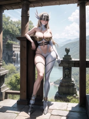 angewomon, gigantic breasts, wearing metallic visor on the face, dark blonde hair, hair with bangs in front of the eyes, (looking at the viewer), (((sensual pose+Interacting+leaning on anything+object+leaning against))), in an ancient temple in a waterfall on top of the mountains at night, with many structures, altars with ancient writings, large statues of ancient gods, 16K, UHD, (full body:1.5), unreal engine 5, quality max, max resolution, ultra-realistic, ultra-detailed, maximum sharpness, ((perfect_hands)), ((perfect_legs)), Goodhands-beta2, ((angewomon, metallic visor on the face, gigantic breasts)), ANIME_angewomon,ANIME_angewomon,aiwaifu