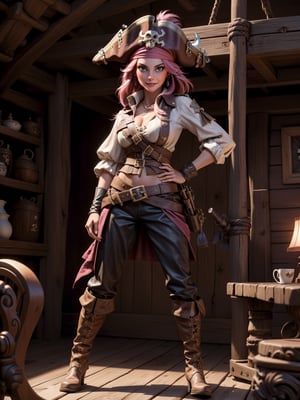 A pirate woman, wearing brown leather coat, white T-shirt, black pants, brown leather boots, steals very stylishly, ((gigantic breasts)), pink hair, messy hair, short hair, straight hair, hair with bangs in front of the eyes, ((pirate hat on the head)), ((pirate eye patch)), looking at the viewer, (((pose with interaction and leaning on [something|an object]))),  on a pirate ship with furniture, structures, many pirates, ((full body):1.5), 16k, UHD, best possible quality, ultra detailed, best possible resolution, Unreal Engine 5, professional photography, well-detailed fingers, well-detailed hand, perfect_hands, ((pirates)), ((pirates of the caribbean style))