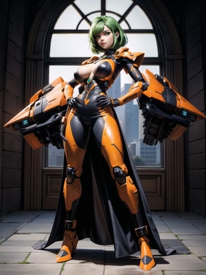 A panther woman, orange and black mecha costume + cybernetic armor, ((gigantic breasts)), green hair, lizo hair, very short hair, hair with bangs in front of eyes, looking at the viewer, ((([(pose with interaction and leaning on something)|(pose with interaction and leaning on an object)]))), alien spaceship, with computers, machines, weapons, teleportation, window with bright lights, many aliens, ((full body):1.5), 16K, UHD, best possible quality, ultra detailed, best possible resolution, Unreal Engine 5, professional photography, very detailed fingers, very detailed hands, perfect_hands, perfect, GoodHands-beta2, Furtastic_Detailer, ((mecha, cybernetic))