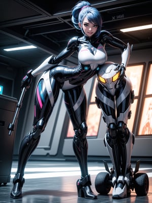 A woman, wearing robotic suit+mecha suit+cybernetic armor, white suit with parts in blue, wearing helmet with colored visor, gigantic breasts, blue hair, extremely short hair, rebellious hair, hair with ponytail, hair with bangs in front of the eye, looking at the viewer, (((sensual pose+Interacting+leaning on anything+object+leaning against))), in an airport with machines, equipment, structures, many people, ((full body):1.5), 16K, UHD, Unreal Engine 5, quality max, max resolution, ultra-realistic, ultra-detailed, maximum sharpness, ((perfect_hands):1), Goodhands-beta2, [super metroid, cyberpunk]