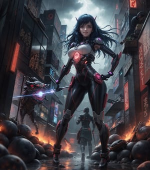 Impeccable quality in UHD resolution, capturing every detail of the scenery and characters. The style is a fusion of science fiction and action, inspired by works such as "Ghost in the Shell" and "Blade Runner," providing a futuristic and dark atmosphere. | Inside an alien temple during a rainy night, a robot woman, in a determined combat stance, faces the invading forces in defense of the human race. Her red eyes glow intensely, reflecting her determination, while her blue hair flows in the wind of the storm. | The composition of the scene highlights the grandeur of the alien temple, with its complex and technological architecture contrasting with the darkness of the night and the heavy rain. The camera captures the scene at a dynamic angle, enhancing the action and tension of the moment. | Visual effects add a layer of realism to the scene, with the heavy rain creating a dark and claustrophobic atmosphere, while lightning briefly illuminates the ongoing battle. The lighting of the alien holograms highlights the advanced technology of the temple. | A robot woman facing the invading forces in an alien temple during a rainy night, with red eyes and blue hair, in an epic battle for the survival of the human race. ((full body, devilish smile, looking at the viewer, seductive pose))