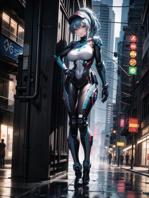 A woman, wearing robotic suit+mecha suit+white cybernetic armor with parts in blue, wearing helmet with colored visor, gigantic breasts, blue hair, extremely short hair, rebellious hair, hair with ponytail, hair with bangs in front of the eye, looking at the viewer, (((sensual pose+Interacting+leaning on anything+object+leaning against))), at a bus stop with many machines, structures, people walking, ((full body):1.5), 16K, UHD, Unreal Engine 5, quality max, max resolution, ultra-realistic, ultra-detailed, maximum sharpness, ((perfect_hands):1), Goodhands-beta2, [super metroid, cyberpunk]