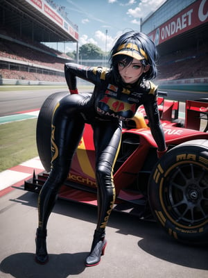A woman, white Formula 1 racer costume with parts in red+blue costume very tight on the body, gigantic breasts, wearing helmet with colored visor, blue hair, mohawk hair, very short hair, hair with bangs in front of the eyes, (looking at the viewer), (((sensual pose+Interacting+leaning on anything+object+leaning against))), in a Formula 1 hypodromia with many structures 1 formula 1 car, stacked tires, pitstop, grandstand with many people watching, 16K, UHD, (full body:1.5), Unreal Engine 5, quality max, max resolution, ultra-realistic, ultra-detailed, maximum sharpness, ((perfect_hands)), ((perfect_legs)), Goodhands-beta2, ((formula 1))+super metroid+mecha