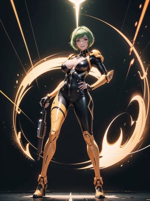 A panther woman, orange and black lock suit + cybernetic armor, ((gigantic breasts)), green hair, straight hair, very short hair, hair with bangs in front of the eyes, looking at the viewer, ((([[(pose with interaction and leaning on something)|(pose with interaction and leaning on an object)]))), in an alien spaceship, with computers, machines, weapons, teleportation, ((full body shot):1.5), 16K, UHD, best possible quality, ultra detailed, best possible resolution, Unreal Engine 5, professional photography, well detailed fingers, well detailed hands, perfect_hands, perfect, GoodHands-beta2, Furtastic_Detailer