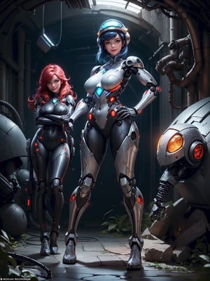 A woman, wearing a black robotic suit with red metal couplings, robotic limbs, ((gigantic breasts)), blue hair, messy hair, short hair, straight hair, hair with bangs in front of the eyes, (((robotic helmet)), looking at the viewer, (((pose with interaction and leaning on [something|an object]))), in a cave full of machines, computers, luminous pipes, leaves, near a waterfall, ((full body):1.5), 16k, UHD, best possible quality, ultra detailed, best possible resolution, Unreal Engine 5, professional photography, well-detailed fingers, well-detailed hand, perfect_hands, perfect, ((robotic limbs, robotic suit)) + ((super_metroid))