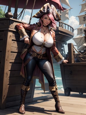 A pirate woman, wearing brown leather coat, white T-shirt, black pants, brown leather boots, steals very stylishly, ((gigantic breasts)), pink hair, messy hair, short hair, straight hair, hair with bangs in front of the eyes, ((pirate hat on the head, pirate eye patch on the eye)), looking at the viewer, (((pose with interaction and leaning on [something|an object]))),  on a pirate ship with furniture, structures, many pirates, ((full body):1.5), 16k, UHD, best possible quality, ultra detailed, best possible resolution, Unreal Engine 5, professional photography, well-detailed fingers, well-detailed hand, perfect_hands, ((pirates)), ((pirates of the caribbean style))