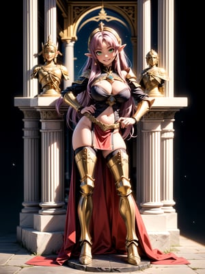 Princess Zelda, wearing the golden armor of the Sign of Libra with several gold weapons attached to the armor, extremely tight and tight on the body, straight purple hair, hair with bangs in front of the eye, ((gigantic breasts)), ((pose leaning against a structure)), staring at the viewer, in the temple of the knight of Sagittarius of ancient Greece, marble pillars, large altars with armor, near a waterfall, is by day, (((full body))), 16k, UHD, better quality, better resolution, better detail, light and shadow effects,
