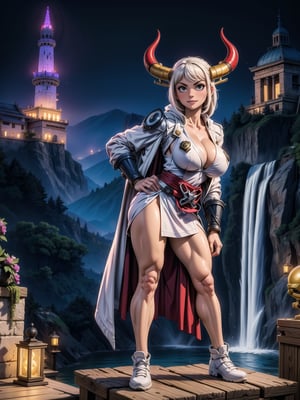 A woman, wearing ((white robe+White mecha costume with parts in blue, gigantic breasts, horns)), very short hair, white hair, hair with green strands, messy hair, hair with bangs in front of eyes, magical aura around the body, (((looking at the viewer, sensual pose with interaction and leaning on anything+object+on something+leaning against+leaning against))) in an ancient temple at night in the mountains, with many structures, waterfall, altars, pedestals, ((full body):1.5); 16K, UHD, unreal engine 5, quality max, max resolution, ultra-realistic, ultra-detailed, maximum sharpness, ((perfect_hands):1), Goodhands-beta2, ((Assassin's creed))+((super metroid)), YamatoV2