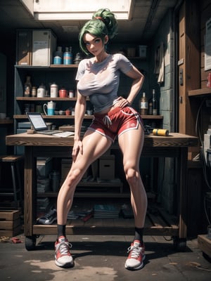 A woman, wearing a white T-shirt, short red shorts, white stockings, black sneakers, black suit, gigantic breasts, green hair, extremely short hair, rebellious hair, ponytailed hair, fringed hair in front of the eye, looking at the viewer, (((sensual pose+Interacting+leaning on anything+object+leaning against))), in a very busy night, with many construction machines,  vehicles, structures, ((full body):1.5), 16K, UHD, unreal engine 5, quality max, max resolution, ultra-realistic, ultra-detailed, maximum sharpness, ((perfect_hands):1), Goodhands-beta2,