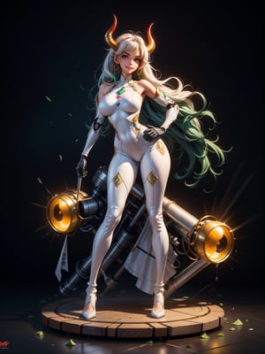 A woman, wearing white wick suit + red robotic suit, very tight costume on the body, ((gigantic breasts)), hair with green lock, straight hair, hair with bangs in front of the eyes, ((horns on the head)), looking at the viewer, (((pose with interaction and leaning on [something|an object]))), in a laboratory, with computers, machines, vehicles, windows, lights inside pipes,  ((full body):1.5), 16k, UHD, best possible quality, ultra detailed, best possible resolution, Unreal Engine 5, professional photography, well-detailed fingers, well-detailed hand, perfect_hands, perfect, ((super metroid)), ((mecha)) + ((robotic))