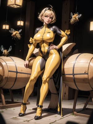 A woman, wearing bee costume+yellow mecha costume, wearing gigantic breasts, very short hair, blonde hair, messy hair, hair with bangs in front of the eyes, (((looking at the viewer, sensual pose with interaction and leaning on anything+object+on something+leaning against))) in a hive of giant bees with many honeycombs, with many structures, flying bees, lots of honey, ((full body):1.5); 16K, UHD, maximum quality, maximum resolution, ultra-realistic, ultra-detailed, ((perfect_hands):1), Goodhands-beta2