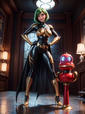 A woman, orange wick costume parts in black + cybernetic armor, ((gigantic breasts)), green hair, straight hair, very short hair, hair with bangs in front of the eyes, looking at the viewer, ((([(pose with interaction and leaning on something)|(pose with interaction and leaning on an object)]))), in an alien spaceship, with computers, machines, weapons, teleportation, window with bright lights, many aliens, ((full body):1.5), 16K, UHD, best possible quality, ultra detailed, best possible resolution, Unreal Engine 5, professional photography, well detailed fingers, well detailed hands, perfect_hands, perfect, Furtastic_Detailer, GoodHands-beta2, ((super metroid + batman))