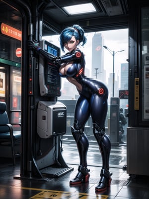 A woman, wearing robotic suit+mecha suit+white cybernetic armor with parts in blue, wearing helmet with colored visor, gigantic breasts, blue hair, extremely short hair, rebellious hair, hair with ponytail, hair with bangs in front of the eye, looking at the viewer, (((sensual pose+Interacting+leaning on anything+object+leaning against))), at a bus stop with many machines, structures, people walking, ((full body):1.5), 16K, UHD, Unreal Engine 5, quality max, max resolution, ultra-realistic, ultra-detailed, maximum sharpness, ((perfect_hands):1), Goodhands-beta2, [super metroid, cyberpunk]