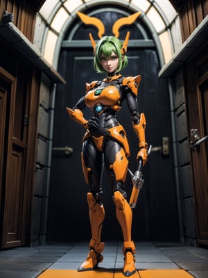 A panther woman, orange and black mecha suit + cybernetic armor, ((gigantic breasts)), green hair, lizo hair, very short hair, hair with bangs in front of eyes, looking at the viewer, ((([(pose with interaction and leaning on something)|(pose with interaction and leaning on an object)]))), she is on an alien ship, with computers, machines, weapons, teleportation, window with bright lights, many aliens, ((full body shot):1.5), 16K, UHD, best possible quality, ultra detailed, best possible resolution, Unreal Engine 5, professional photography, very detailed fingers, very detailed hands, perfect_hands, perfect, GoodHands-beta2, Furtastic_Detailer, ((mecha, cybernetic))