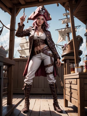 A pirate woman, wearing brown leather coat, white T-shirt, black pants, brown leather boots, steals very stylishly, ((gigantic breasts)), pink hair, messy hair, short hair, straight hair, hair with bangs in front of the eyes, ((pirate hat on the head)), looking at the viewer, (((pose with interaction and leaning on [something|an object]))), on a pirate ship with furniture,  structures, many pirates, ((full body):1.5), 16k, UHD, best possible quality, ultra detailed, best possible resolution, Unreal Engine 5, professional photography, well-detailed fingers, well-detailed hand, perfect_hands, ((style pirates of the caribbean))