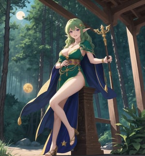 A fantastic masterpiece of art, full of beauty and magic. | Aria, a 237-year-old elf with an elegant and wise appearance, is in a temple in the Rocky Mountains, a mystical and enchanted environment. | She wears a long tunic of dark green fabric, with gold details and leaf embroidery, showing her connection to nature and her status as a sorceress. | To complement her look, she also wears a green velvet cape with feather trim and a gold moon-shaped brooch, adding a touch of sophistication and magic to her appearance. | Her long, wavy green hair has a few loose strands at the front, giving her beauty a natural and delicate look. Her purple eyes are large and expressive, conveying wisdom and serenity, while her ((smile)) with sharp white teeth shows her elfin nature and grace. | Aria also holds a wooden staff with green crystals, a silver necklace with a tree-shaped pendant, and a leather bracelet with metal details, showing her connection to magic and nature. | The temple in the rocky mountains has rock structures, wooden structures, an altar in the center, and pillars with tree and star emblems, creating a sacred and mystical atmosphere. | Soft, mystical lighting effects create an enchanted, serene atmosphere, while detailed textures on structures and costume add realism to the image. | An elegant and magical scene of Aria in a Rocky Mountain temple, exploring themes of fantasy, nature and magic. | (((((The image reveals a full-body shot as she assumes a sensual pose, engagingly leaning against a structure within the scene in an exciting manner. She takes on a sensual pose as she interacts, boldly leaning on a structure, leaning back in an exciting way.))))). | ((full-body shot)), ((perfect pose)), ((perfect fingers, better hands, perfect hands)), ((perfect legs, perfect feet)), ((huge breasts)), ((perfect design)), ((perfect composition)), ((very detailed scene, very detailed background, perfect layout, correct imperfections)), More Detail, Enhance