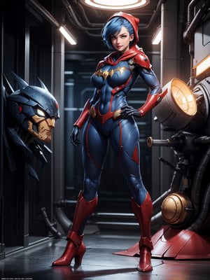 A woman, wearing blue mech costume with red parts + white ninja costume, very tight costume on the body, ((gigantic breasts)), blue hair, mohawk hair, short hair, hair with bangs in front of the eyes, ((hood on the head)), looking at the viewer, (((pose with interaction and leaning on [something|an object]))), at a secret base in a cave,  with computers, elevators, machines, robots, pipe-shaped lights, ((full body):1.5), 16k, UHD, best possible quality, ultra detailed, best possible resolution, Unreal Engine 5, professional photography, well-detailed fingers, well-detailed hand, perfect_hands, perfect, ((super metroid, batman)) + ((mecha, spider-man))