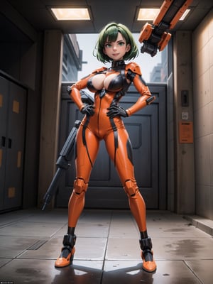 A panther woman, orange and black mecha suit + cybernetic armor, ((gigantic breasts)), green hair, lizo hair, very short hair, hair with bangs in front of eyes, looking at the viewer, ((([(pose with interaction and leaning on something)|(pose with interaction and leaning on an object)]))), background: alien spaceship, with computers, machines, weapons, teleportation, window with bright lights, many aliens, ((full body):1.5), 16K, UHD, best possible quality, ultra detailed, best possible resolution, Unreal Engine 5, professional photography, very detailed fingers, very detailed hands, perfect_hands, perfect, GoodHands-beta2, Furtastic_Detailer, ((mecha, cybernetic))