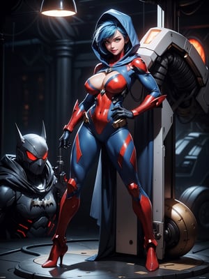 A woman, wearing blue mech costume with red parts + white ninja costume, very tight costume on the body, ((gigantic breasts)), blue hair, mohawk hair, short hair, hair with bangs in front of the eyes, ((hood on the head)), looking at the viewer, (((pose with interaction and leaning on [something|an object]))), at a secret base in a cave,  with computers, elevators, machines, robots, pipe-shaped lights, ((full body):1.5), 16k, UHD, best possible quality, ultra detailed, best possible resolution, Unreal Engine 5, professional photography, well-detailed fingers, well-detailed hand, perfect_hands, perfect, ((super metroid, batman)) + ((mecha, spider-man))