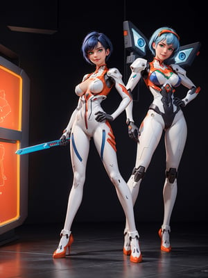 A woman, wearing white wick suit + blue parts, very tight costume on the body, ((gigantic breasts)), blue hair, very short hair, flat hair, hair with bangs in front of the eyes, looking at the viewer, (((pose with interaction and leaning on [something|an object]))), inside a giant robot with control panel, computers, machinery, overview of a giant robot, is day, ((full body):1.5), 16k, UHD, best possible quality, ultra detailed, best possible resolution, Unreal Engine 5, professional photography, (perfect:0.8), ((well-detailed fingers):0.8), ((well-detailed hand):0.8), ((perfect hands):0.8), ((neon genesis evangelion)) + ((mecha))