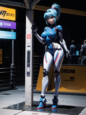 A woman, wearing robotic suit+mecha suit+white cybernetic armor with parts in blue, wearing helmet with colored visor, gigantic breasts, blue hair, extremely short hair, rebellious hair, hair with ponytail, hair with bangs in front of the eye, looking at the viewer, (((sensual pose+Interacting+leaning on anything+object+leaning against))), at a bus stop with many machines, structures, people walking, ((full body):1.5), 16K, UHD, Unreal Engine 5, quality max, max resolution, ultra-realistic, ultra-detailed, maximum sharpness, ((perfect_hands):1), Goodhands-beta2, [super metroid, cyberpunk]