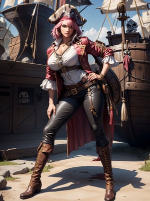 A pirate woman, wearing brown leather coat, white T-shirt, black pants, brown leather boots, steals very stylishly, gigantic breasts, pink hair, messy hair, short hair, straight hair, hair with bangs in front of the eyes, ((pirate hat on the head, pirate eye patch on the eye)), looking at the viewer, (((pose with interaction and leaning on [something|an object]))),  on a pirate ship with furniture, structures, many pirates, ((full body):1.5), 16k, UHD, best possible quality, ultra detailed, best possible resolution, Unreal Engine 5, professional photography, well-detailed fingers, well-detailed hand, perfect_hands, ((pirates)), ((pirates of the caribbean style))